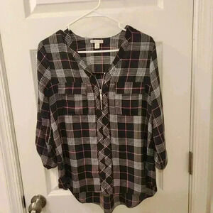 Cato Black White Plaid Zipper Blouse Mid Sleeve Size XS